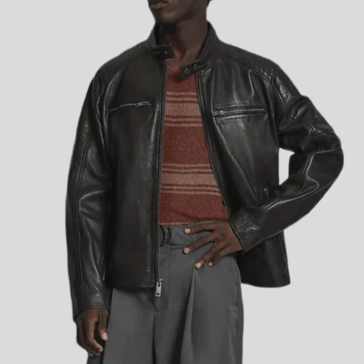 Men's Lance Collarless Leather Moto Jacket