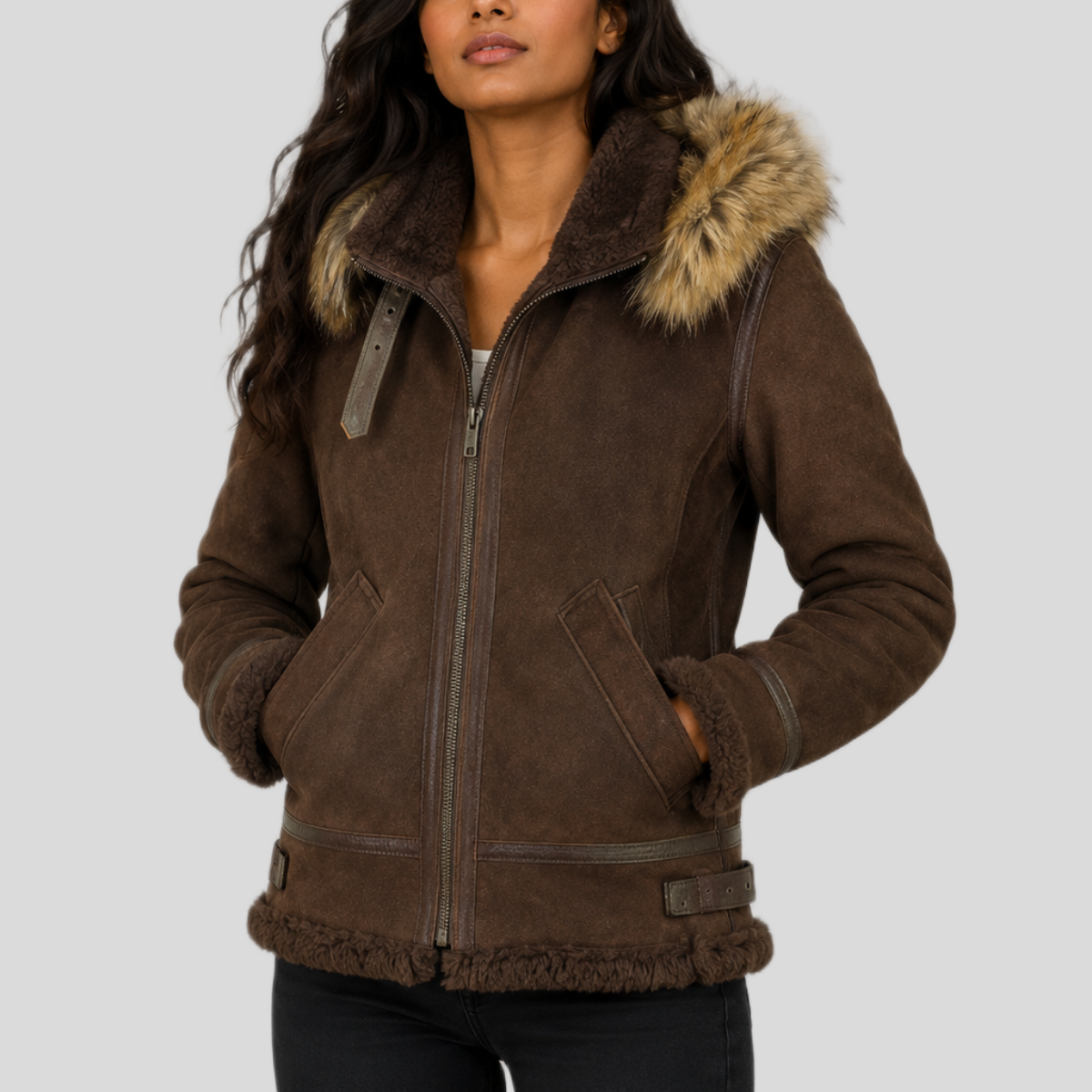 Women's Suede Shearling Leather Bomber Jacket with Removable Fur Hood