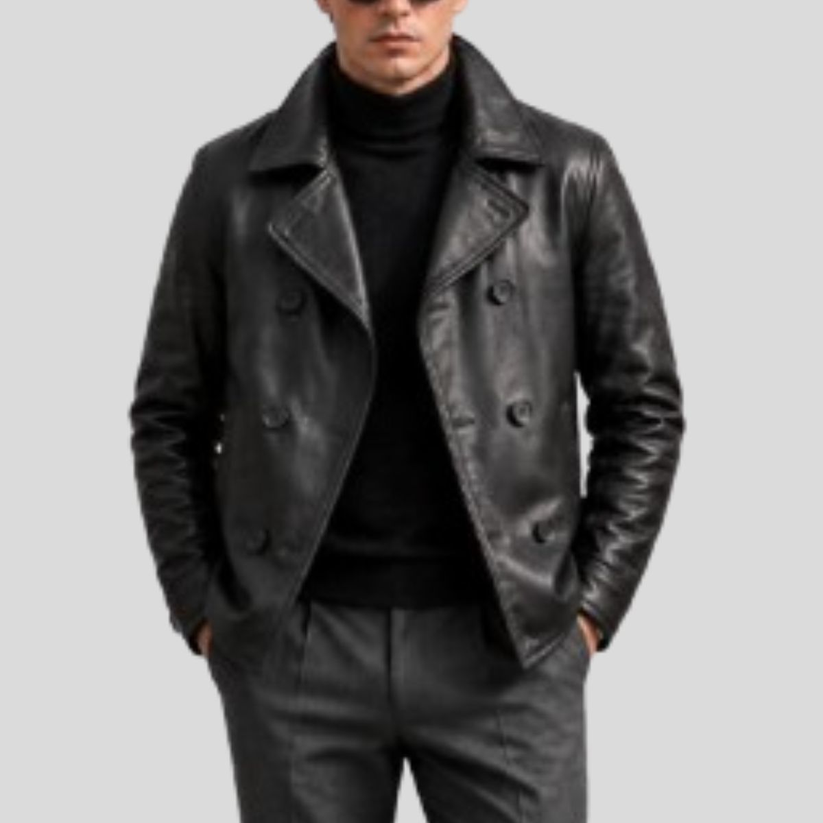 Men's Naval Short Sheepskin Leather Peacoat