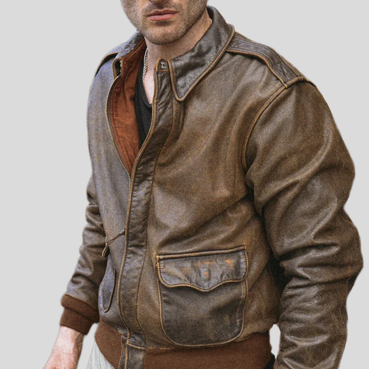 Men's Distressed Cowhide Leather Flight Jacket