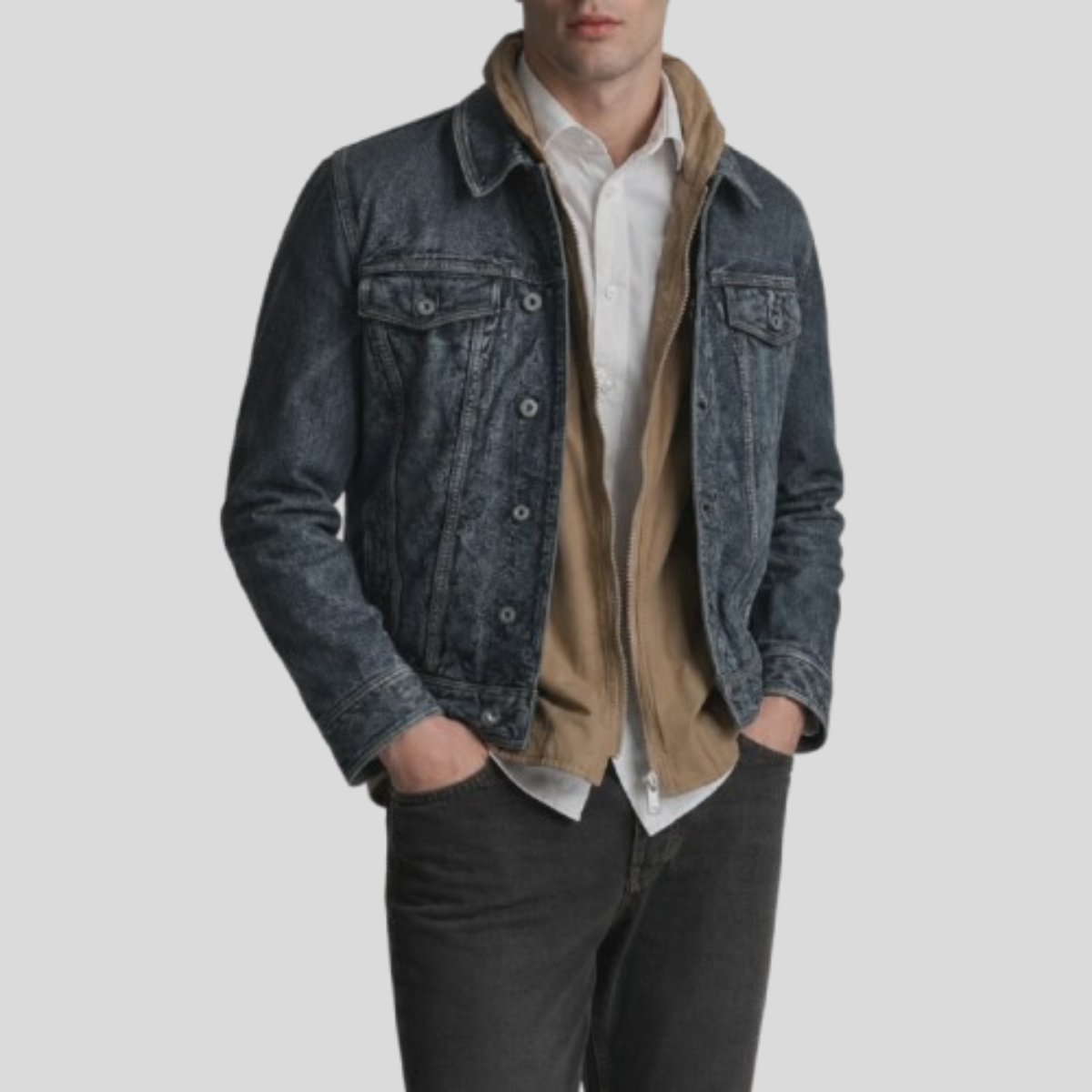 Men's Chase Leather Denim Trucker Jacket