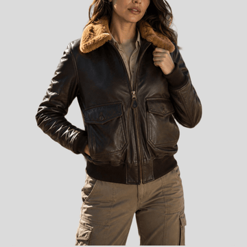 Women's Classic Sheepskin Leather Bomber Jacket with Fur Collar
