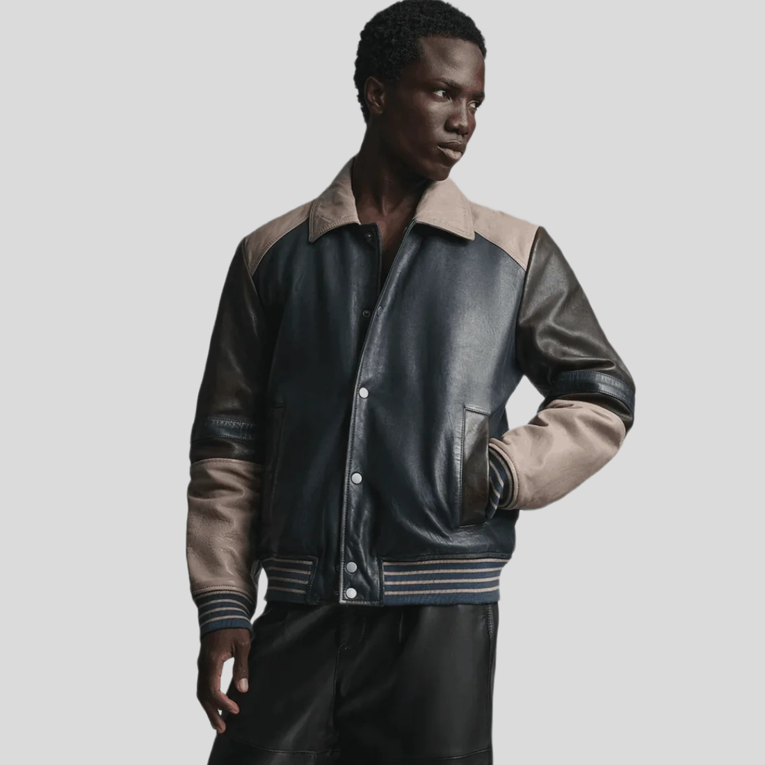 Men's Bryson Leather Varsity Jacket - Navy/Grey