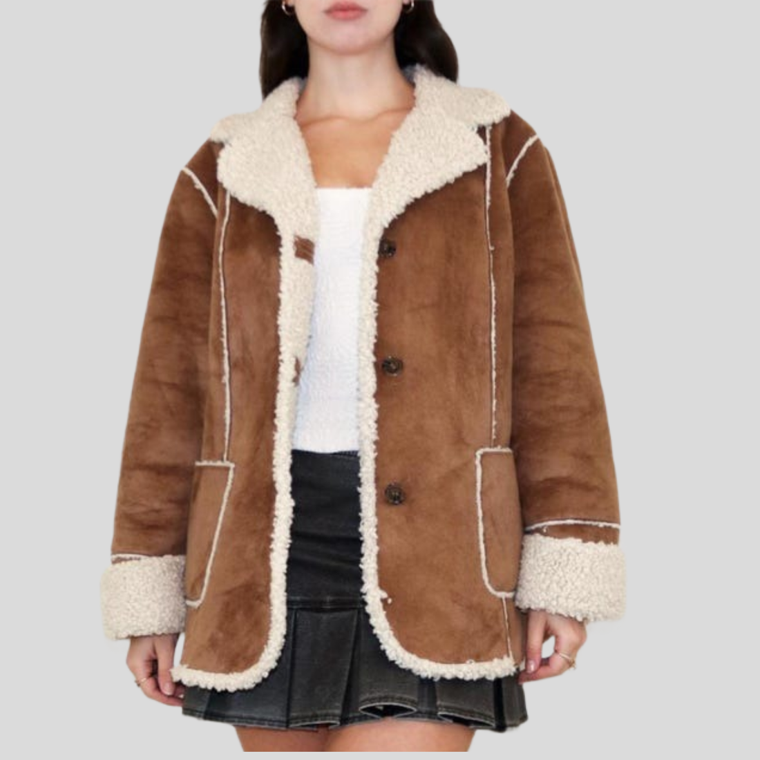 Women's Brown Suede Shearling Longline Jacket - Brown