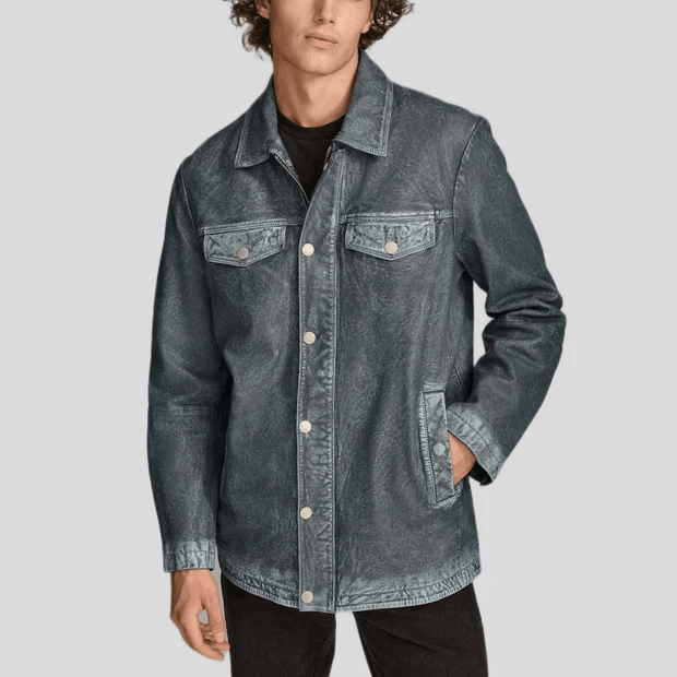 Men's Classic Leather Shirt Jacket - Medium Blue