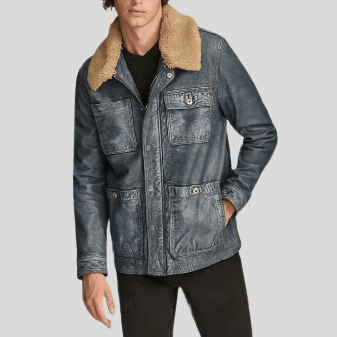 Men's Classic Leather Utility Jacket - Medium Blue