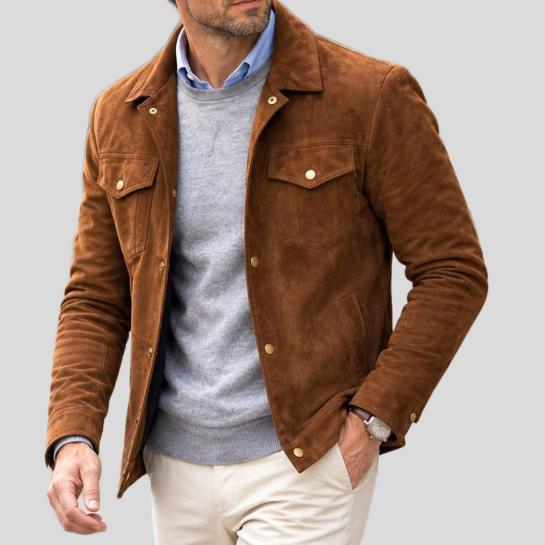 Men's Brown Suede Leather Trucker Jacket - Brown