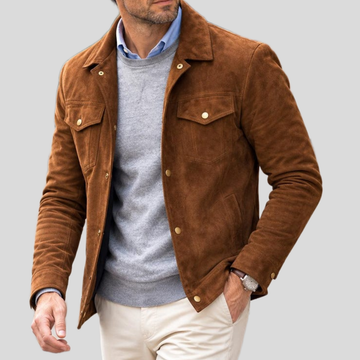 Men's Brown Suede Leather Trucker Jacket - Brown