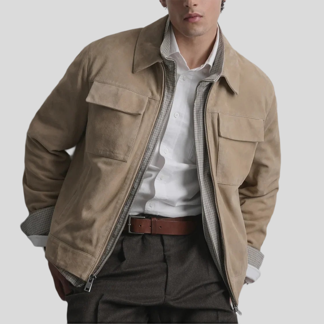 Men's Wren Lightweight Leather Snap Front Shirt Jacket - Beige