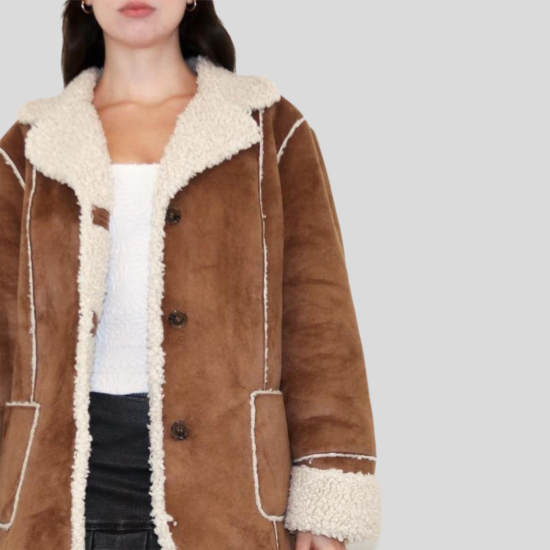 Women's Brown Suede Shearling Longline Jacket - Brown