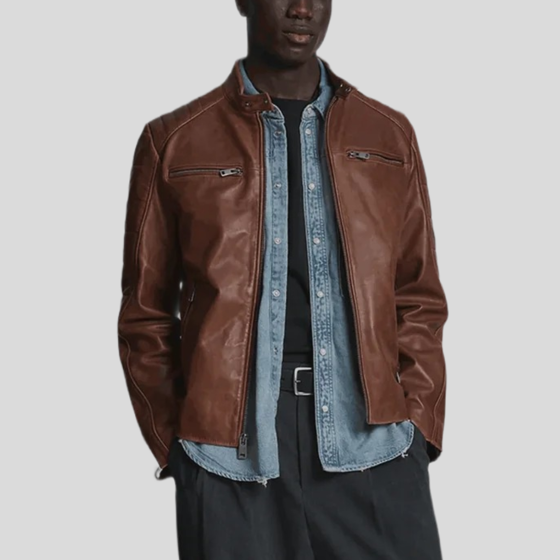 Men's Vintage Leather Striped Racer Jacket - Brown