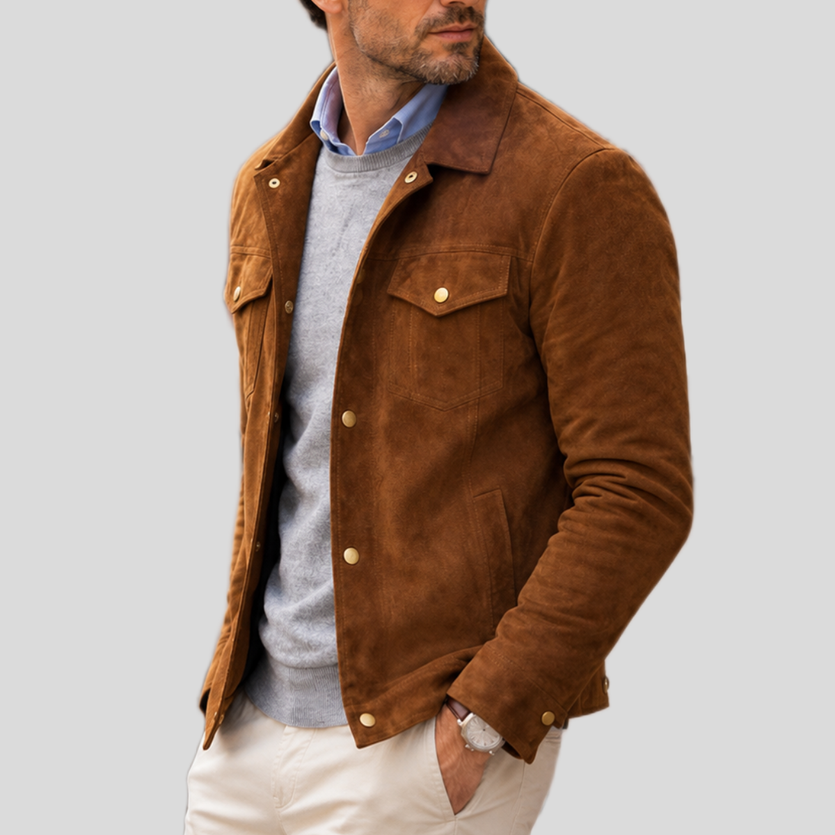 Men's Brown Suede Leather Trucker Jacket