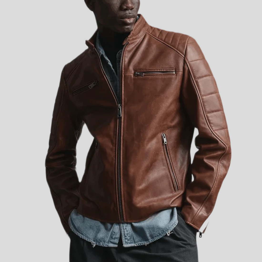 Men's Vintage Leather Striped Racer Jacket - Brown