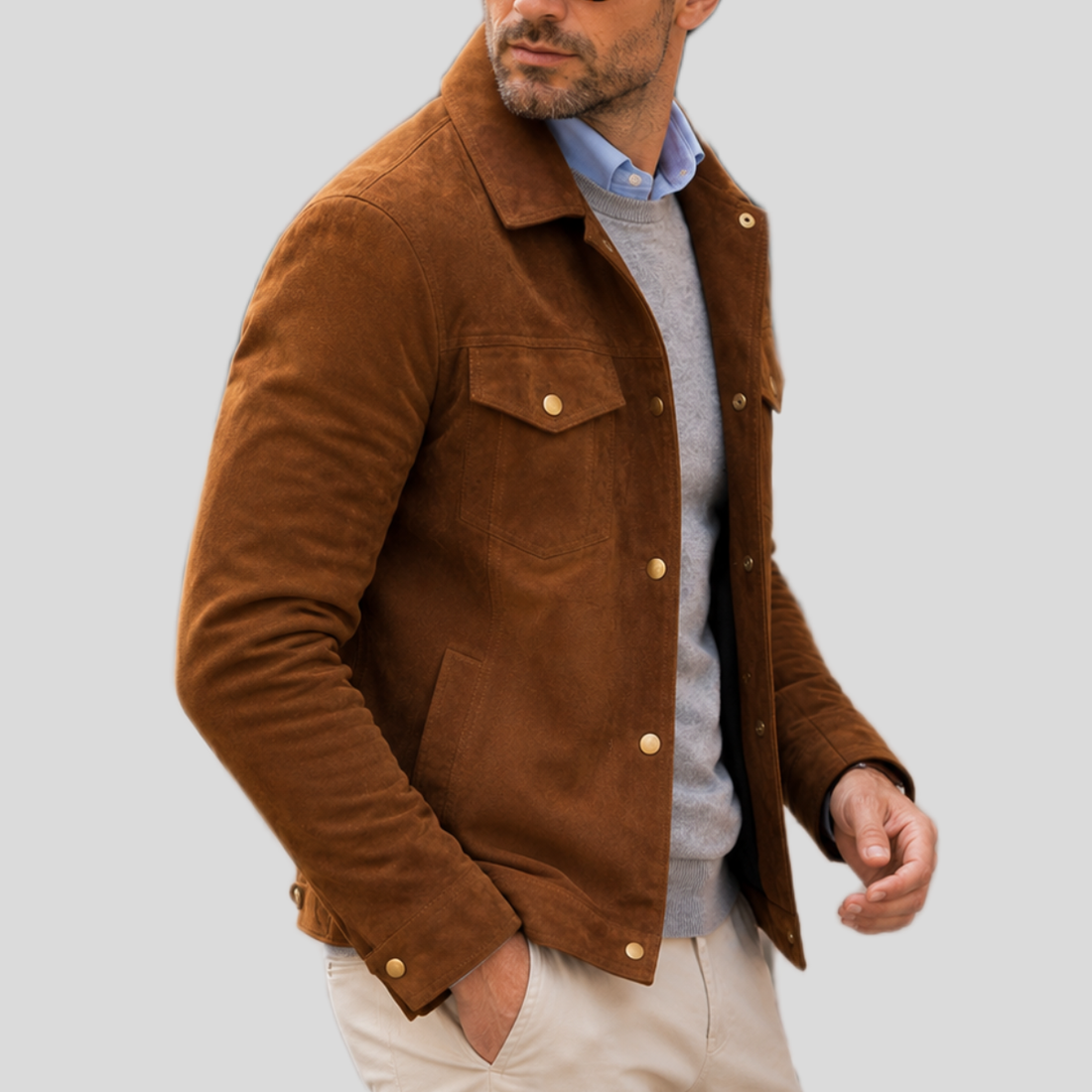 Men's Brown Suede Leather Trucker Jacket - Brown