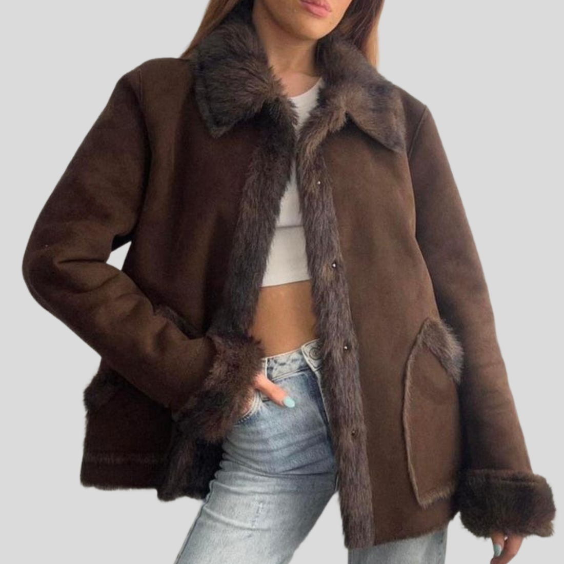 Women's Brown Suede Y2K Fur-Trimmed Winter Jacket - Brown