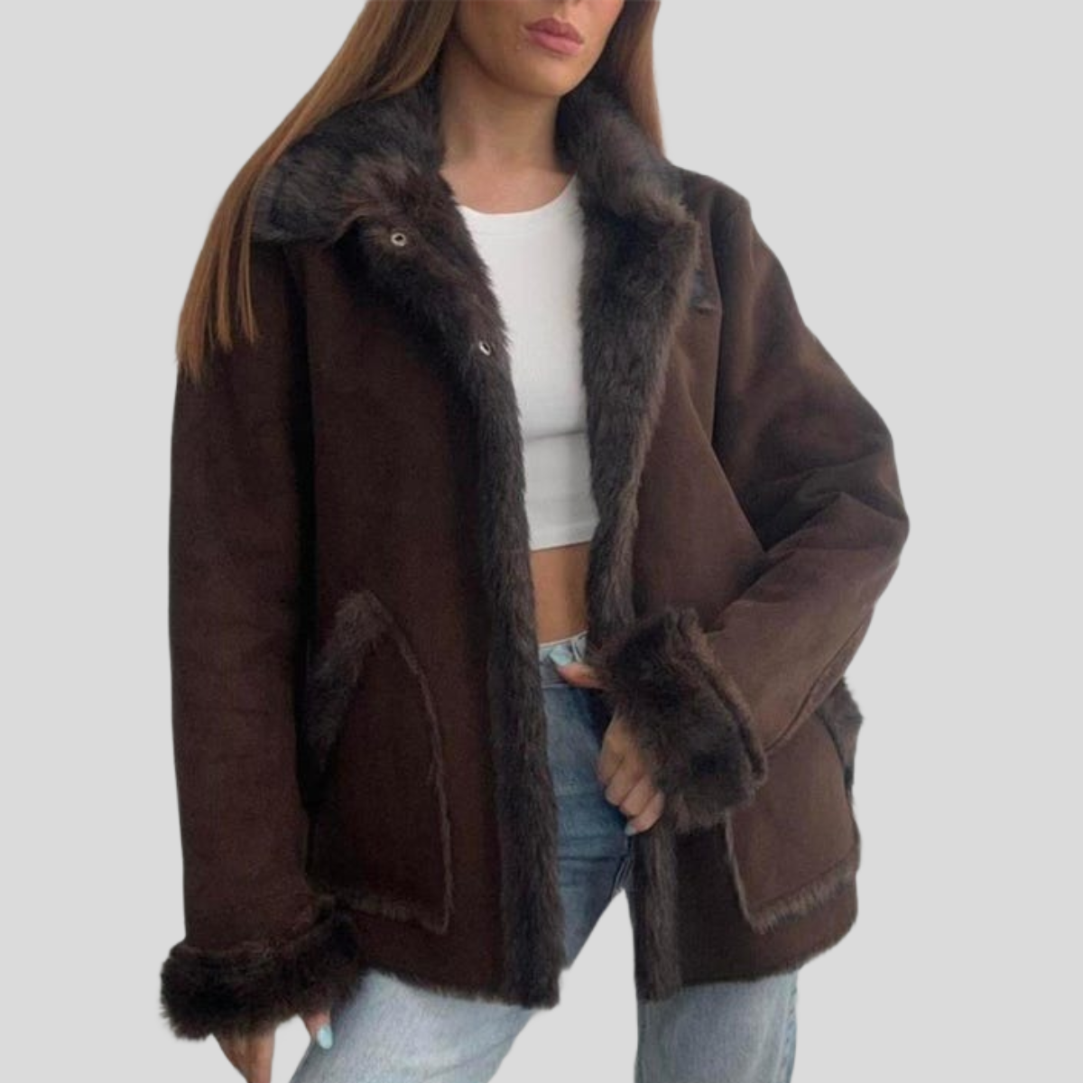 Women's Brown Suede Y2K Fur-Trimmed Winter Jacket