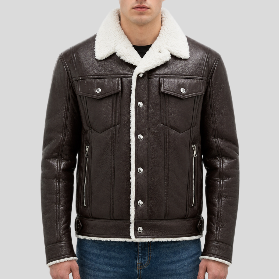 Men's Streetstyle Faux Shearling Leather Bomber Jacket - Brown