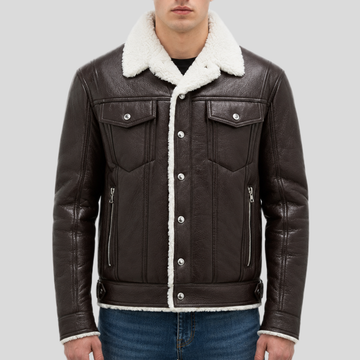 Men's Streetstyle Faux Shearling Leather Bomber Jacket - Brown