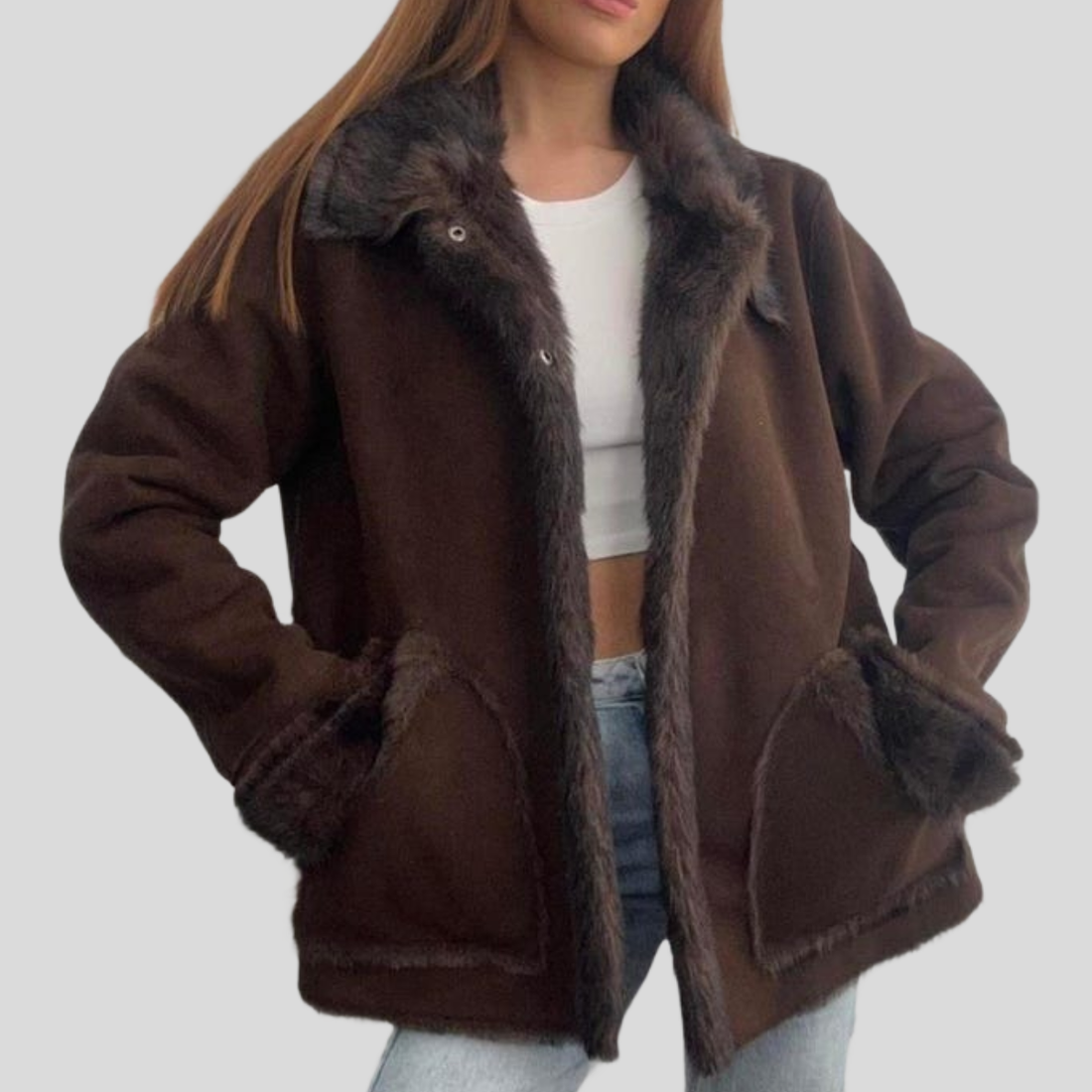 Women's Brown Suede Y2K Fur-Trimmed Winter Jacket - Brown