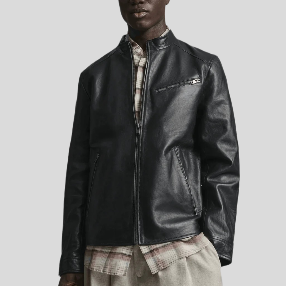 Men's Classic Leather Racer Jacket - Black