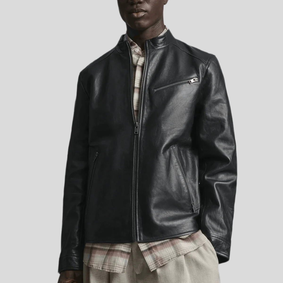 Men's Classic Leather Racer Jacket - Black