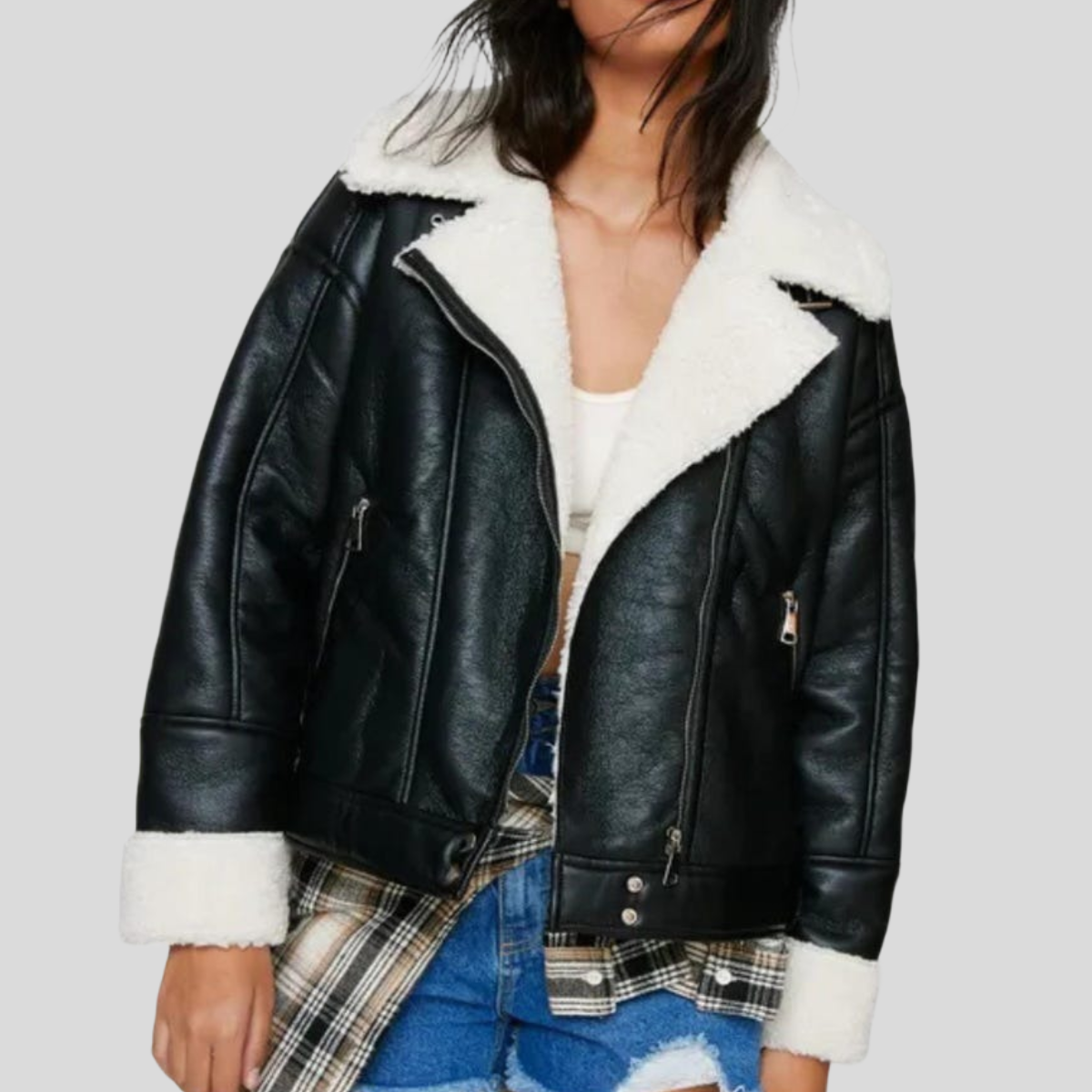 Women's Black B-3 Sheepskin Leather Biker Aviator Coat - Black
