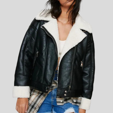 Women's Black B-3 Sheepskin Leather Biker Aviator Coat - Black