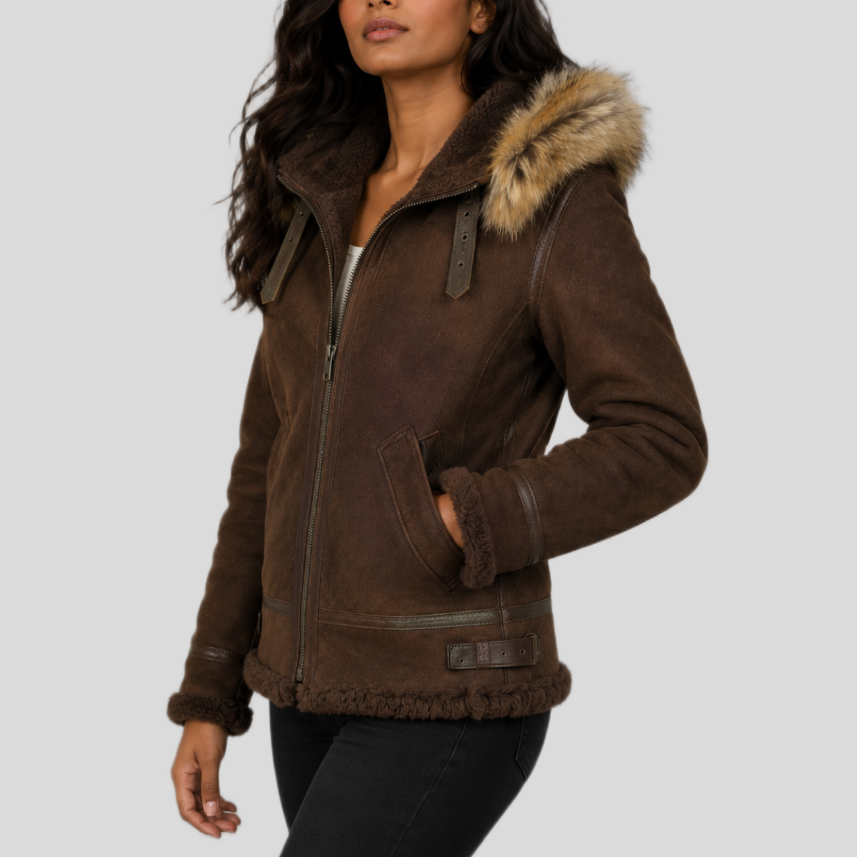 Women's Suede Shearling Leather Bomber Jacket with Removable Fur Hood