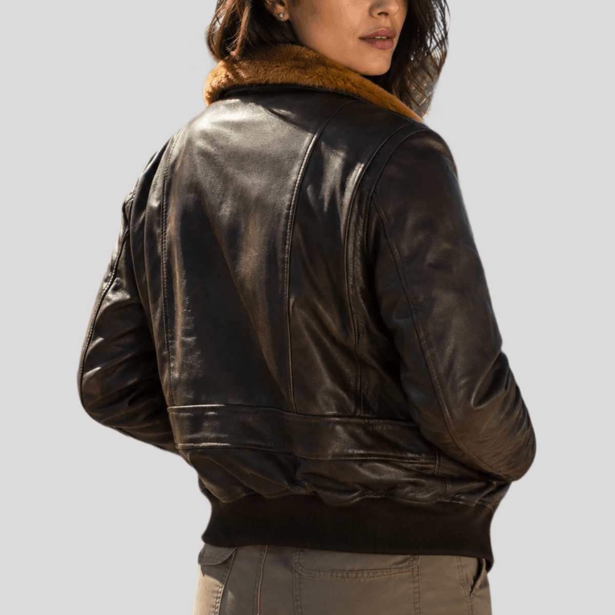 Women's Classic Sheepskin Leather Bomber Jacket with Fur Collar