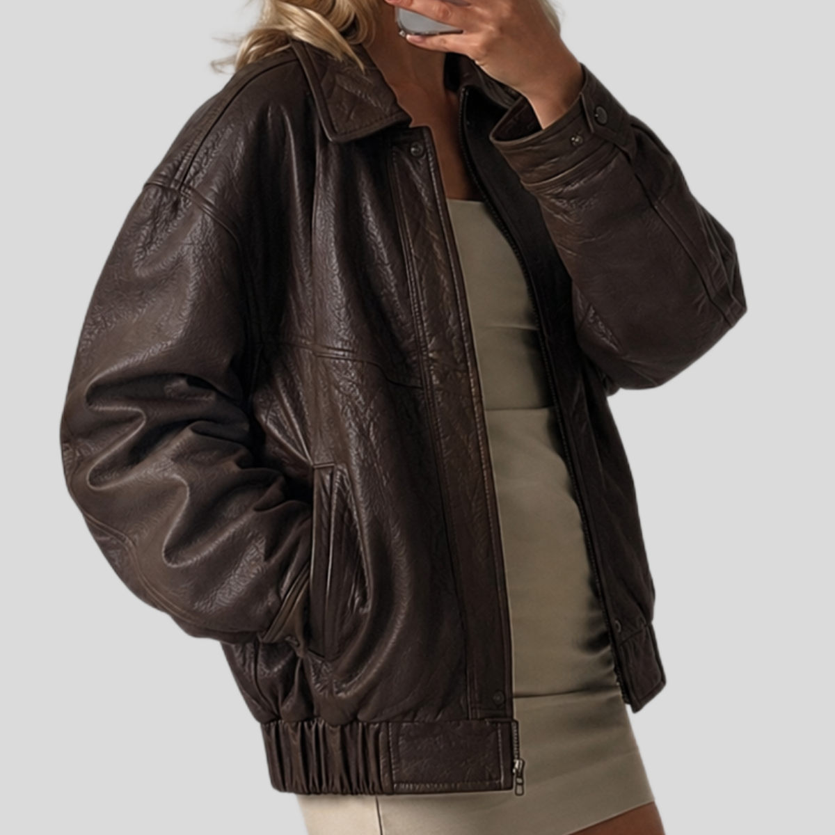 Women's 1990s Oversized Distressed Sheepskin Leather Bomber Jacket
