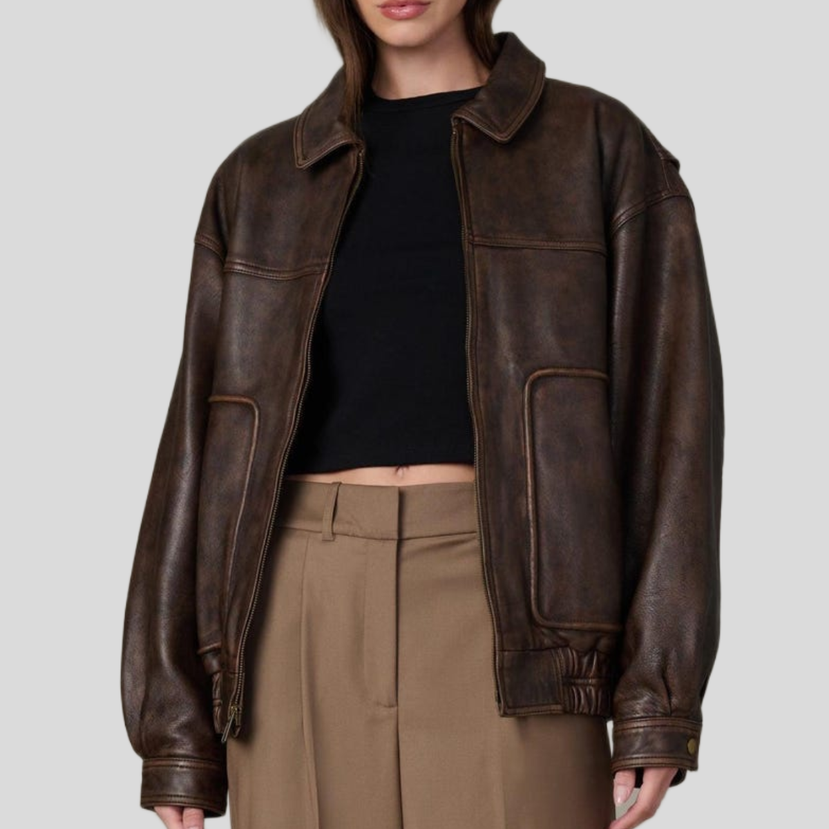 Women's 1990s Oversized Distressed Sheepskin Leather Bomber Jacket