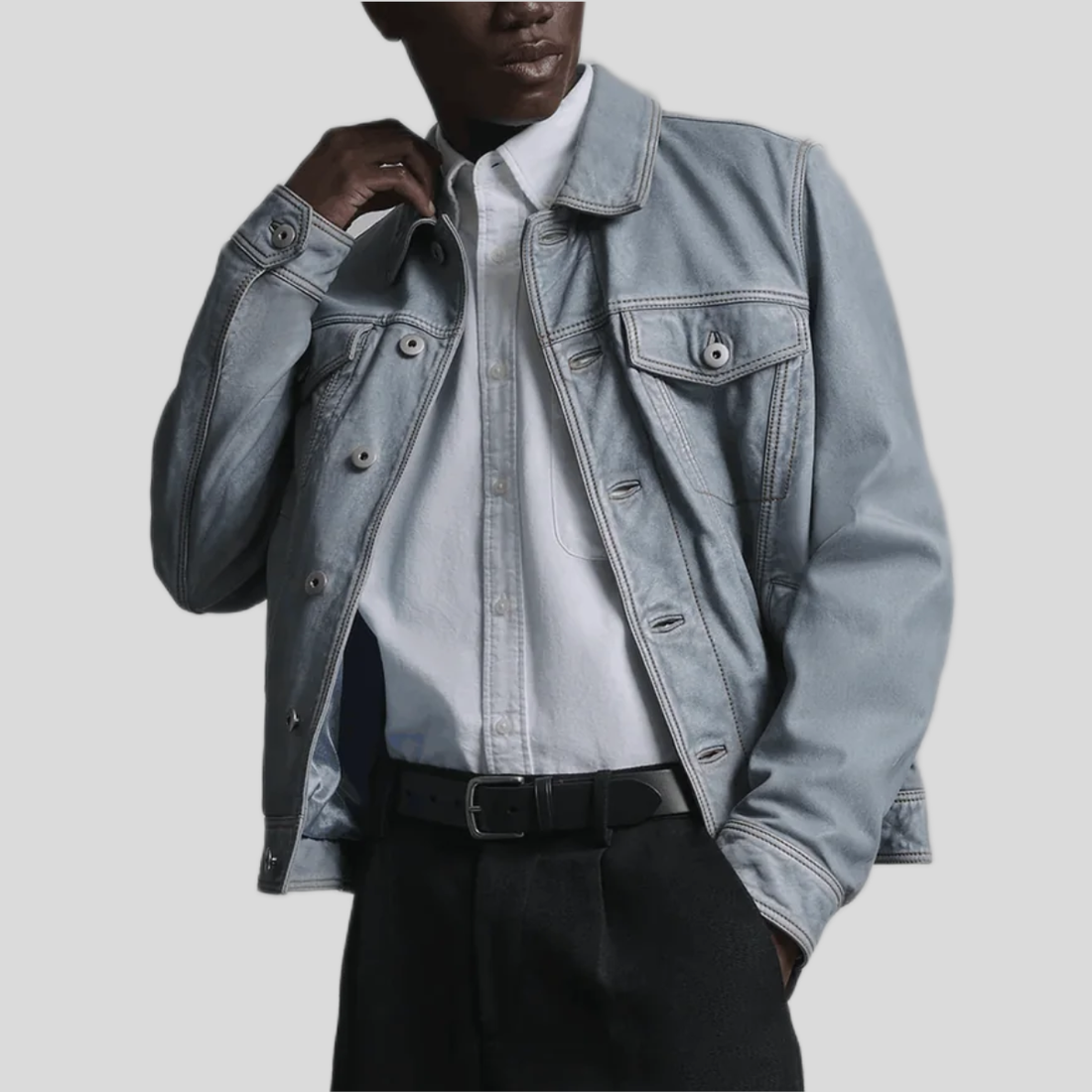Men's Stonewash Leather Trucker Jacket - Light Blue Wash