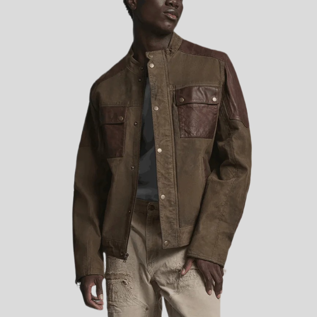 Men's Vintage Color-Block Scuba Moto Jacket - Brown