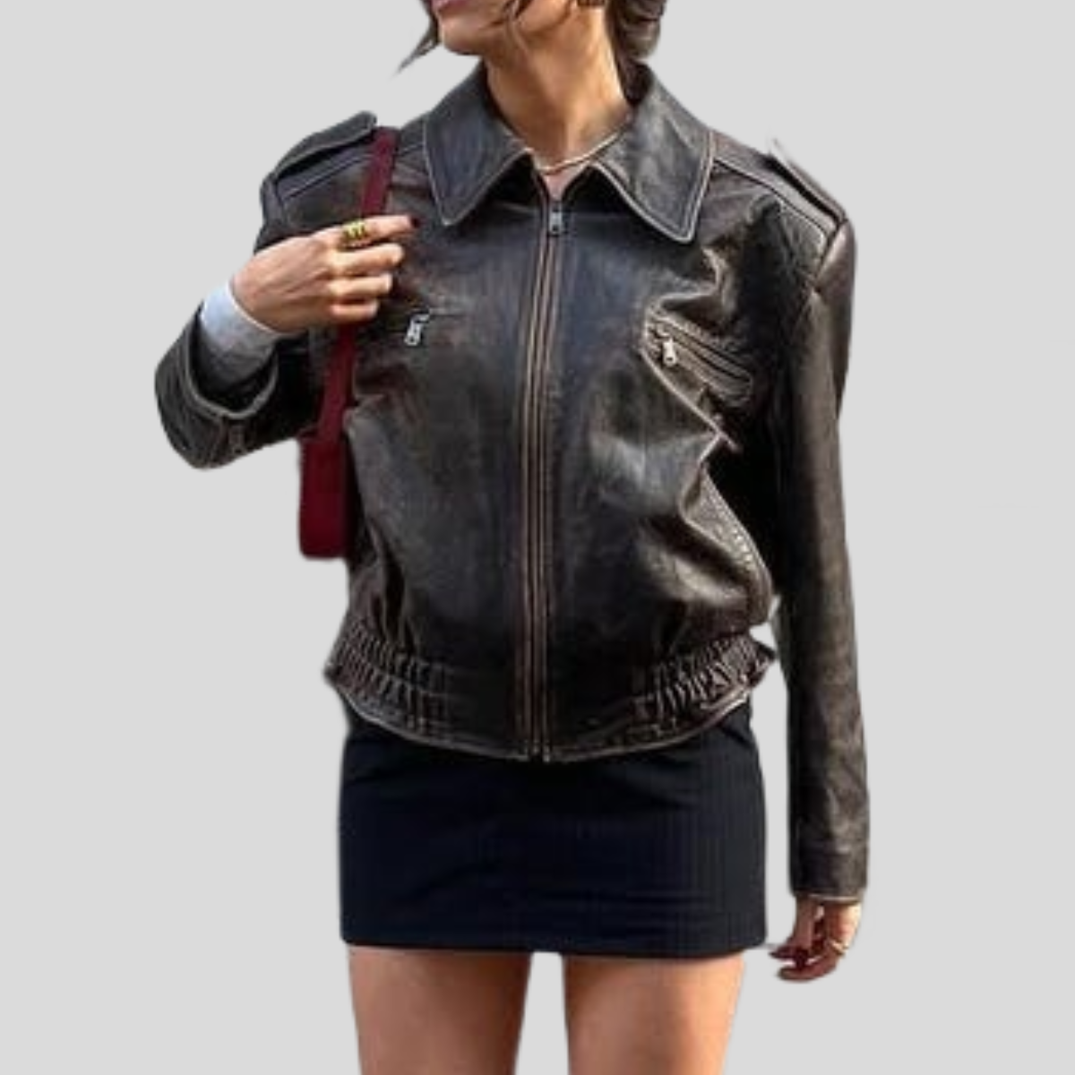 Women's Distressed Brown Leather Utility Bomber Jacket