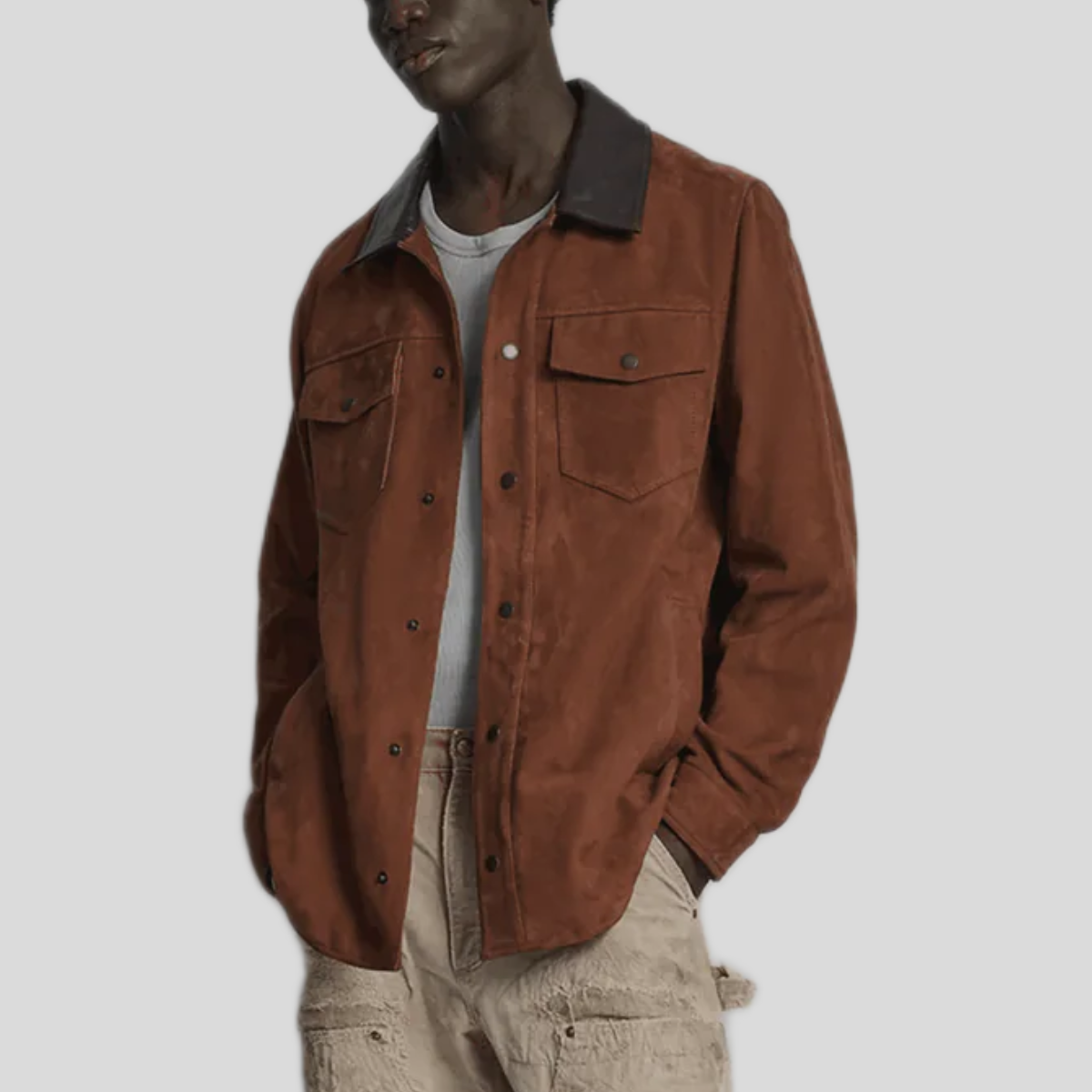 Men's Vintage Suede Leather Shirt Jacket - Brown