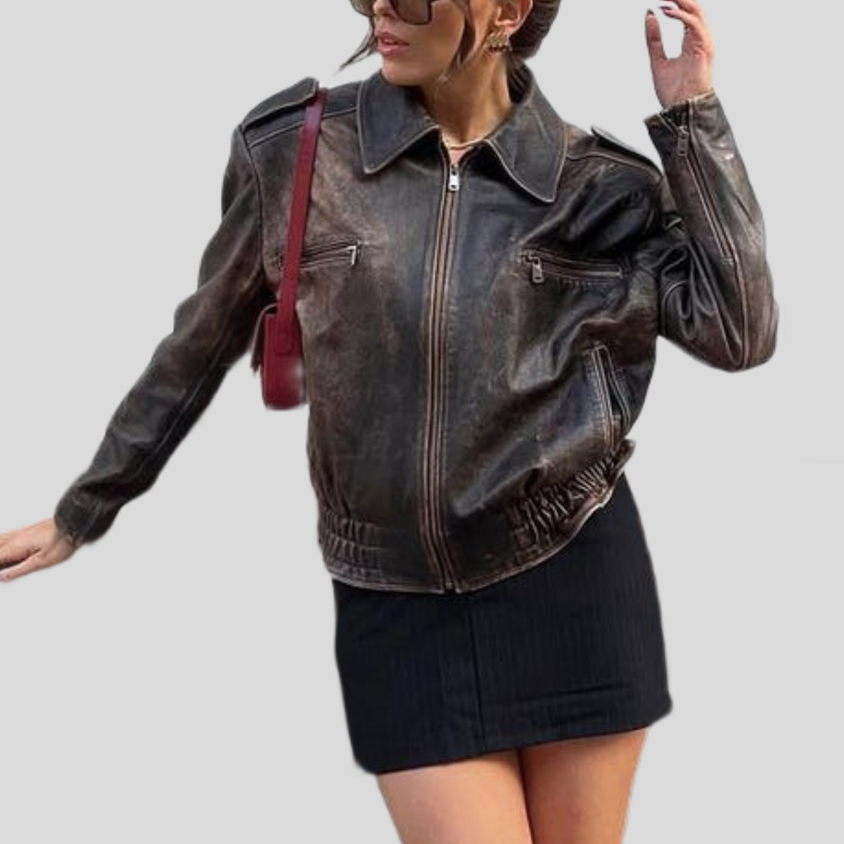 Women's Distressed Brown Leather Utility Bomber Jacket