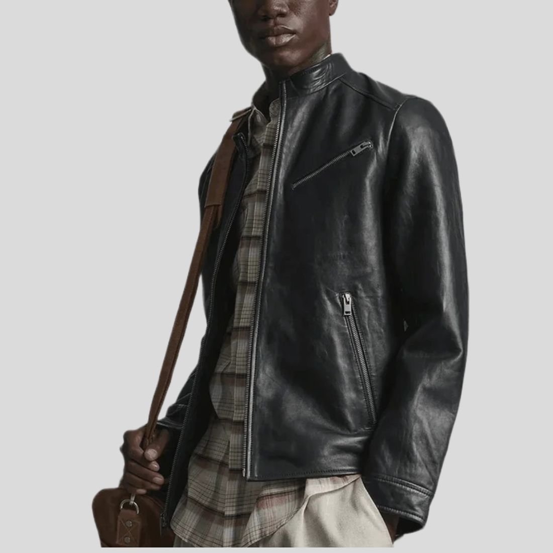 Men's Classic Leather Racer Jacket - Black