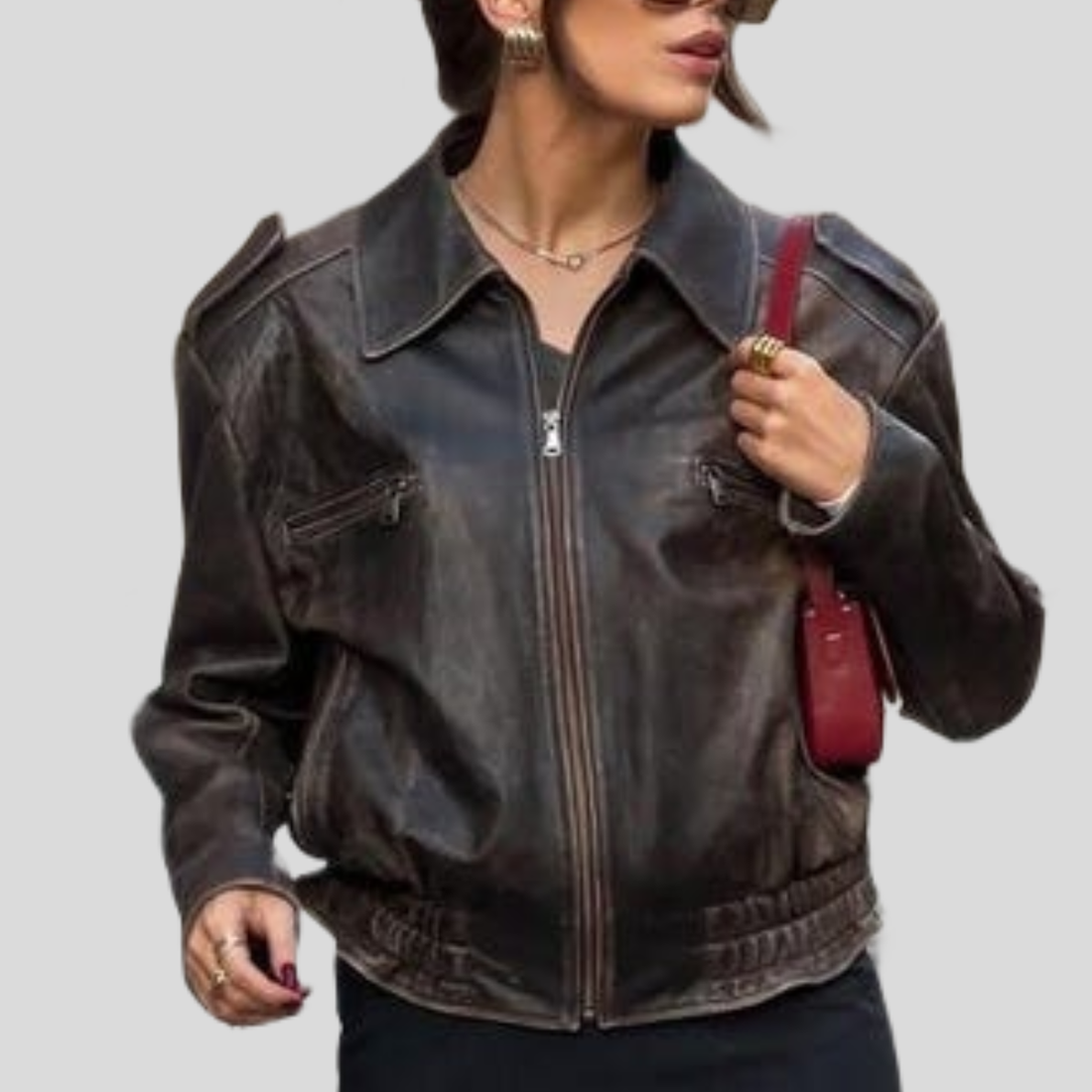 Women's Distressed Brown Leather Utility Bomber Jacket - Brown