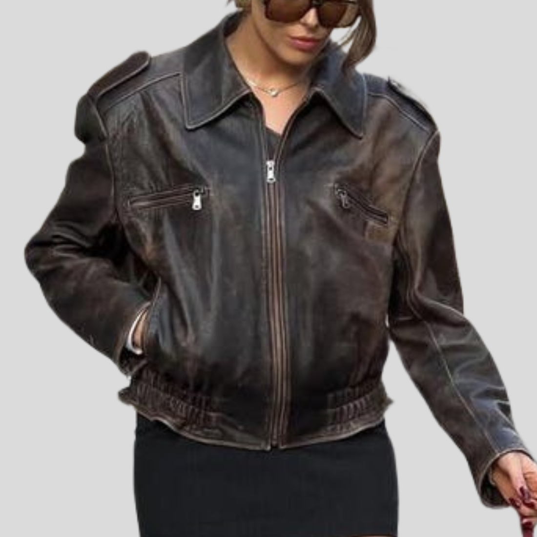 Women's Distressed Brown Leather Utility Bomber Jacket - Brown