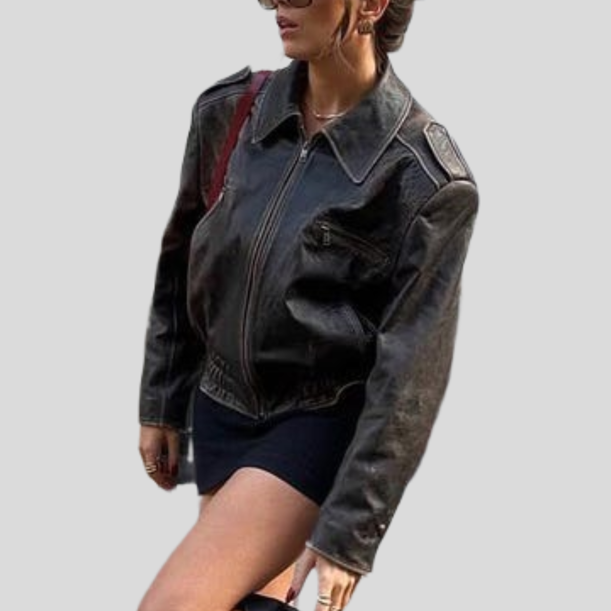 Women's Distressed Brown Leather Utility Bomber Jacket