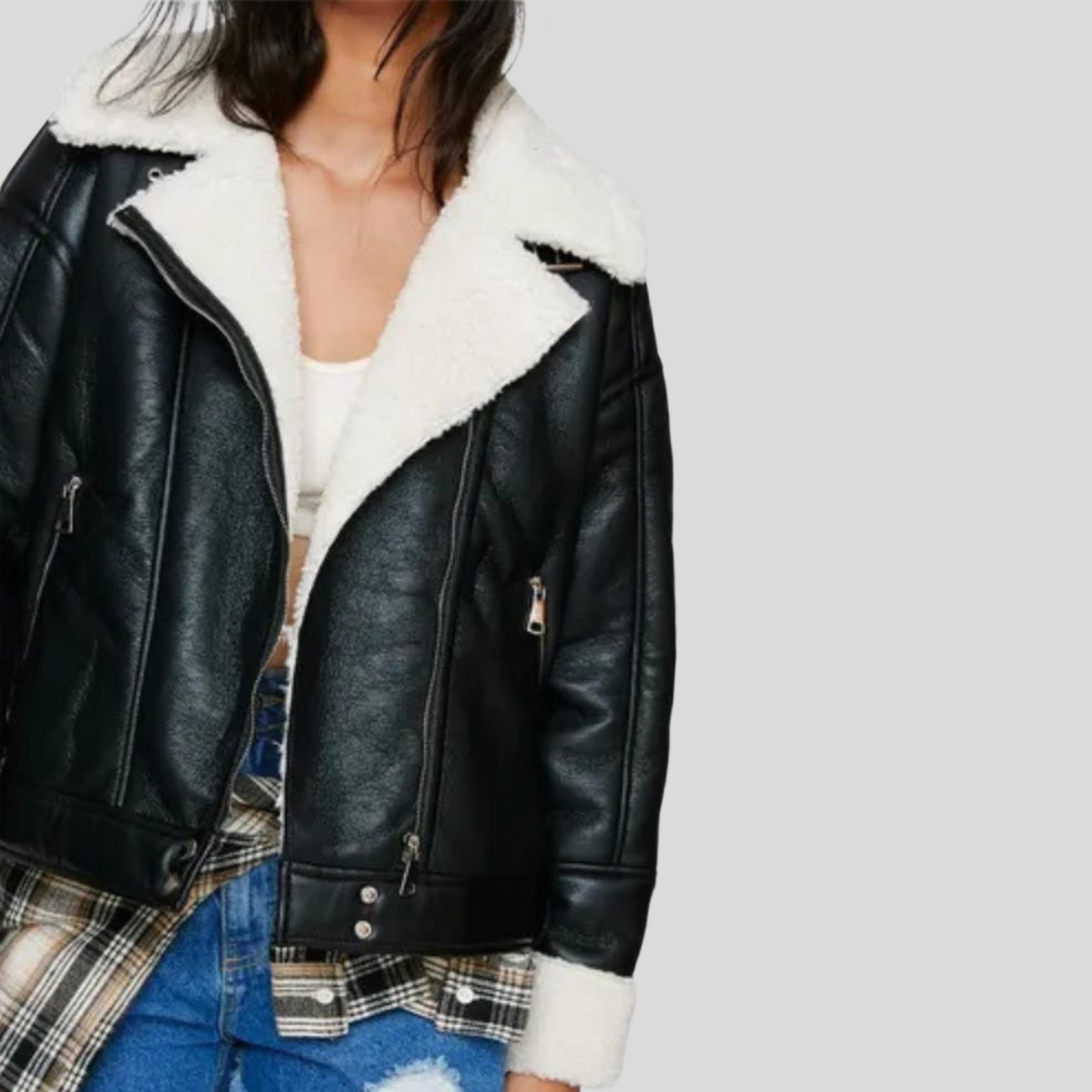 Women's Black B-3 Sheepskin Leather Biker Aviator Coat
