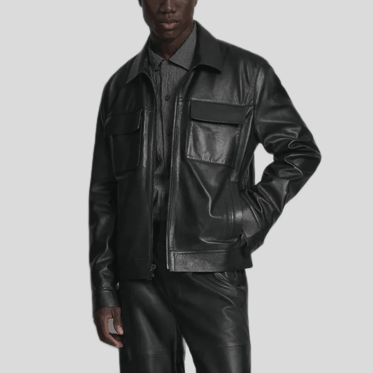 Men's Classic Leather Zip Shirt Jacket