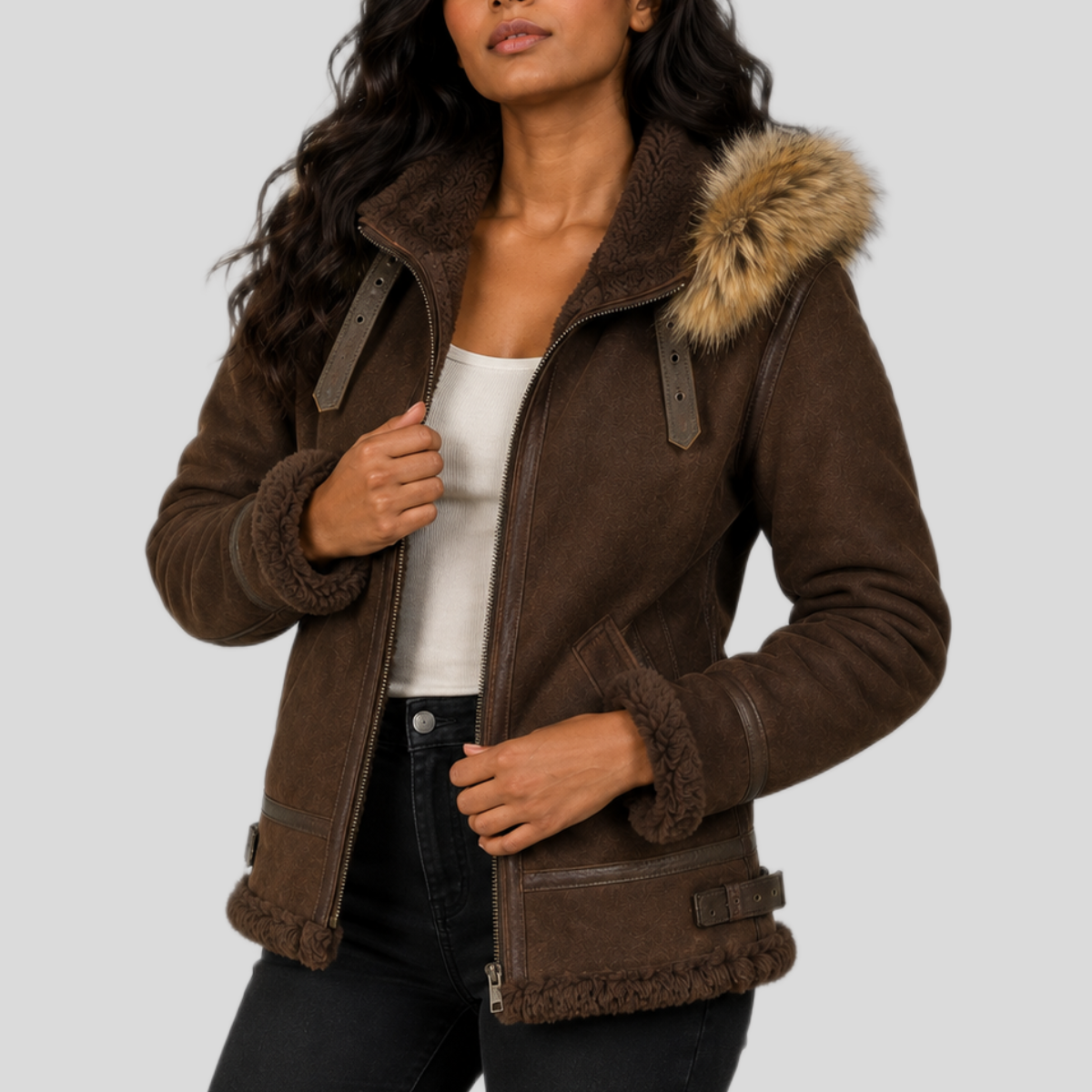 Women's Suede Shearling Leather Bomber Jacket with Removable Fur Hood
