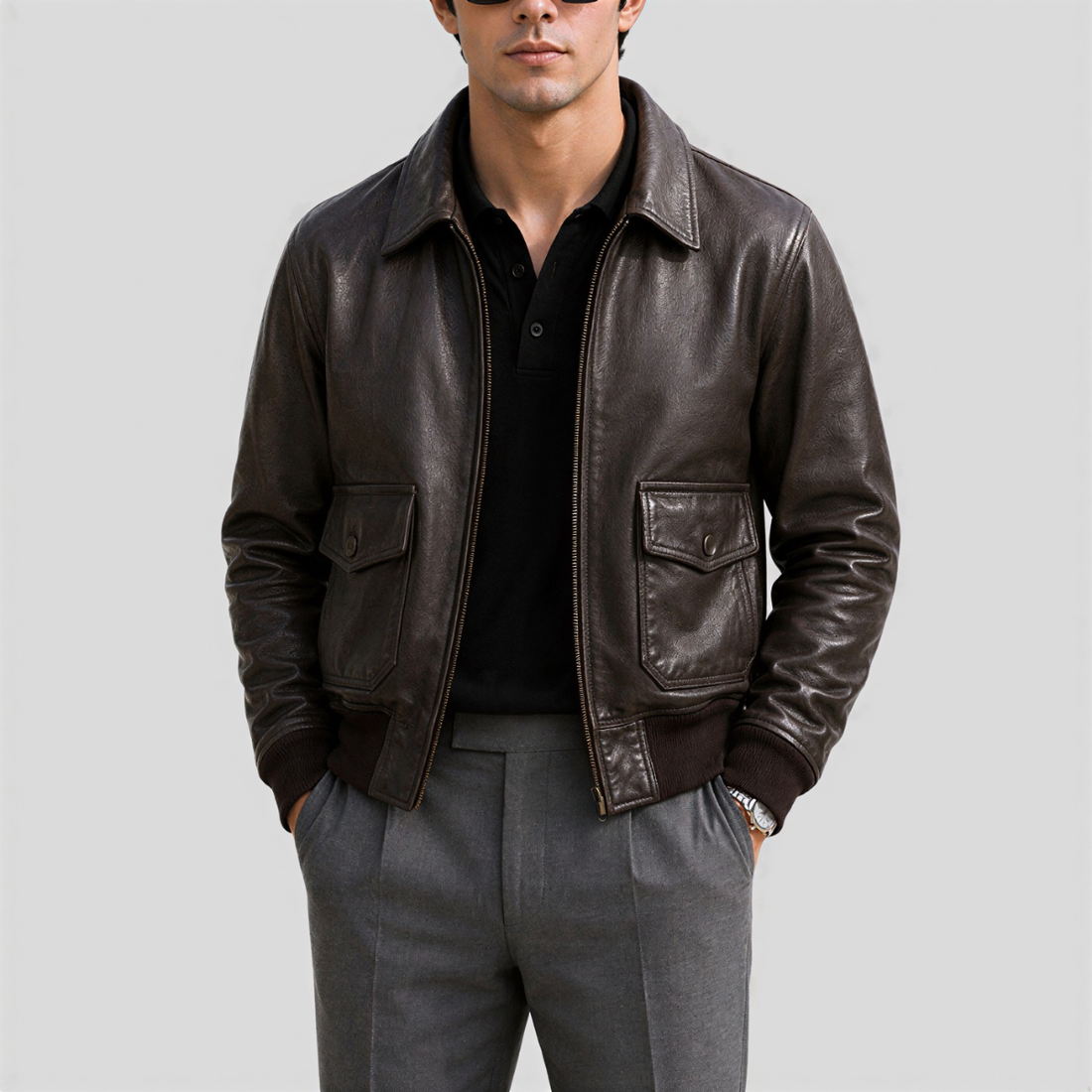 Men's Vintage Aviator Sheepskin Leather Flight Bomber Jacket - Brown