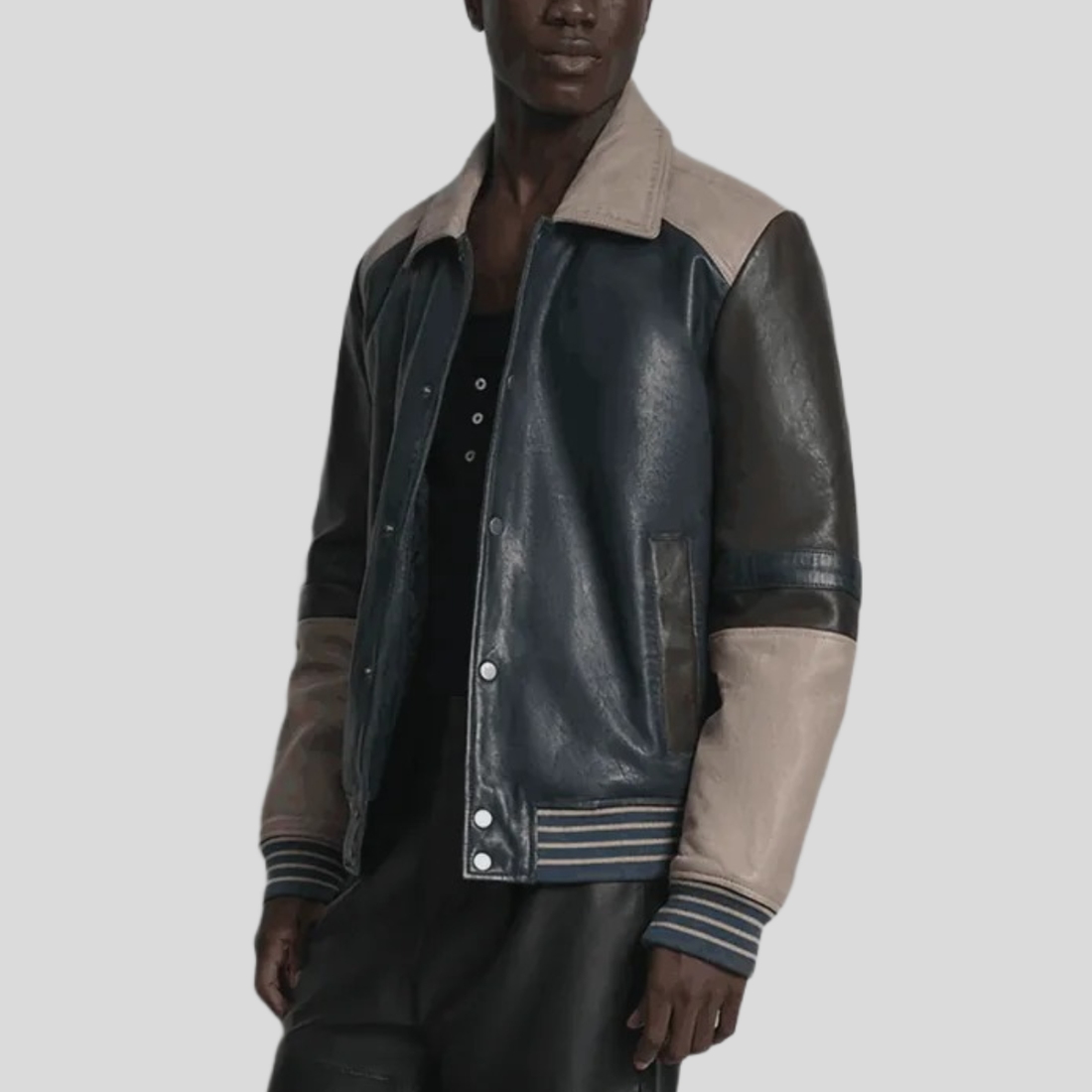 Men's Bryson Leather Varsity Jacket - Navy/Grey