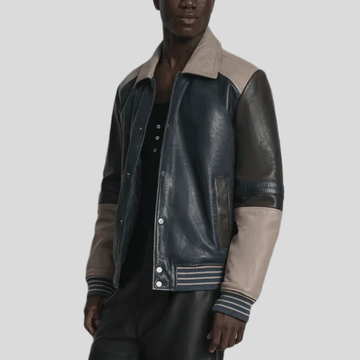 Men's Bryson Leather Varsity Jacket - Navy/Grey