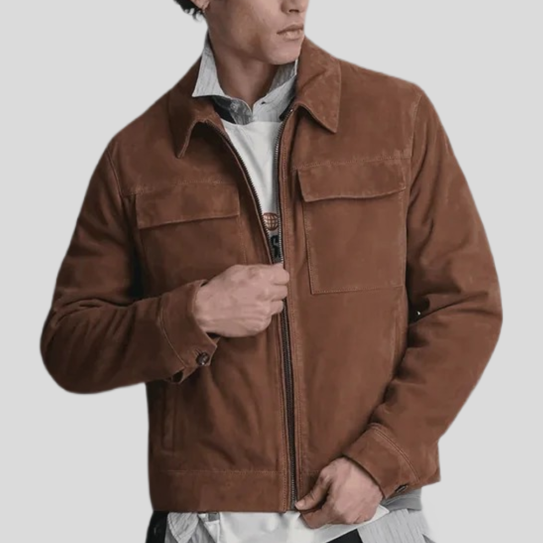 Men's Banks Suede Zip Shirt Jacket - Cognac
