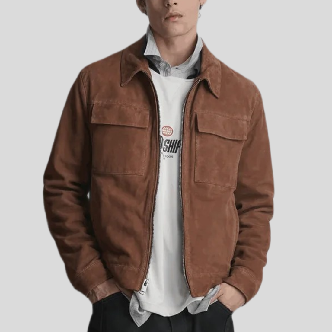 Men's Banks Suede Zip Shirt Jacket - Cognac