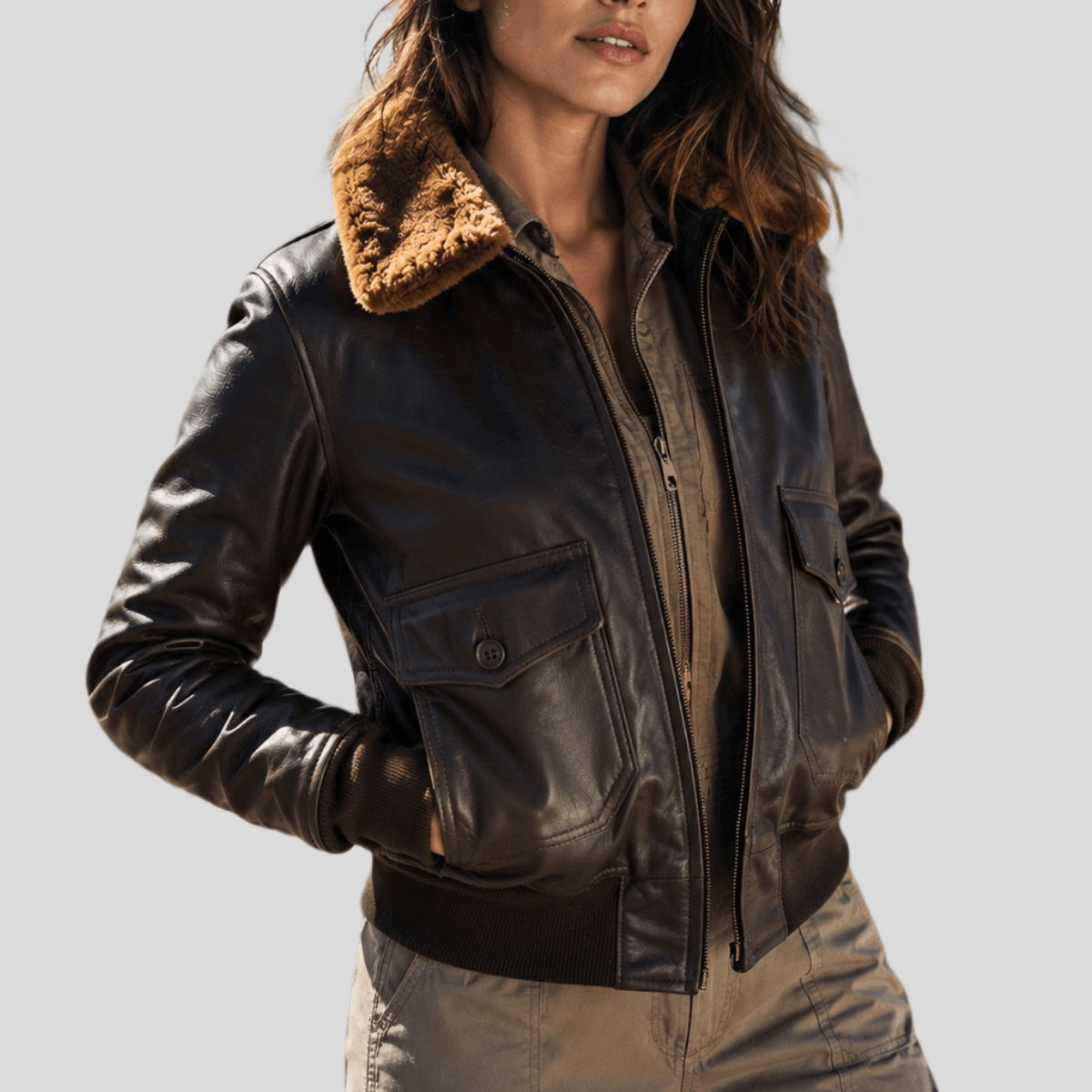 Women's Classic Sheepskin Leather Bomber Jacket with Fur Collar