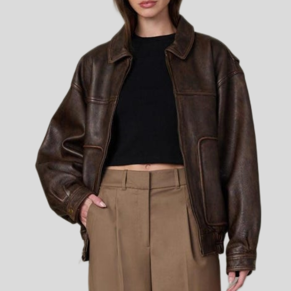 Women's 1990s Oversized Distressed Sheepskin Leather Bomber Jacket - Brown